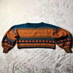 Gypsy Crop Box Sweater Women's M Moroccan Floral Puffy Balloon Sleeve Turquoise